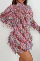 Pink Fringed Bodycon Mini Dress Sleeveless Mock Neck Long Sleeve Hollow Out Nightclub Evening Party Gown