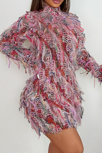 Pink Fringed Bodycon Mini Dress Sleeveless Mock Neck Long Sleeve Hollow Out Nightclub Evening Party Gown