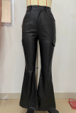 Black Casual Solid Color Pocket Buttons Patchwork Bodycon Mid Waist Conventional Patchwork Bottoms
