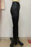 Black Casual Solid Color Pocket Buttons Patchwork Bodycon Mid Waist Conventional Patchwork Bottoms
