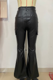 Black Casual Solid Color Pocket Buttons Patchwork Bodycon Mid Waist Conventional Patchwork Bottoms