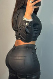 Black Casual Solid Color Pocket Buckle Patchwork Zipper Turndown Collar Outerwear