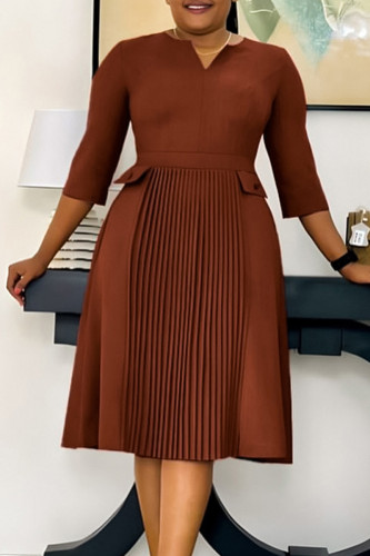 Brown Formal V Neck 3/4 Sleeve Slim Fit A Line Office Lady Pleated Midi Mother of the Bride Dress