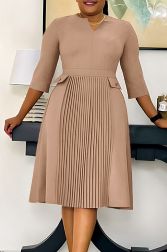 Khaki Formal V Neck 3/4 Sleeve Slim Fit A Line Office Lady Pleated Midi Mother of the Bride Dress