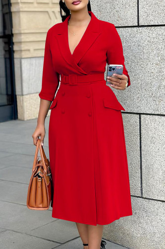 Red Formal Deep V Neck Lapel Collar 3/4 Sleeve Waist-Belt Office Lady Blazer Midi Dress