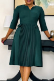 Dark Green Formal V Neck 3/4 Sleeve Slim Fit A Line Office Lady Pleated Midi Mother of the Bride Dress