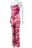 Rose Red Sexy Print Patchwork Backless Spaghetti Strap Bodycon Jumpsuits