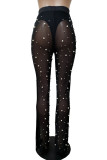Black Casual Solid Color See-Through Beading Regular High Waist Conventional Patchwork Trousers