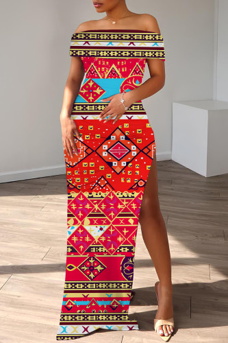 Red Casual Print Slit Off Shoulder Long Dresses