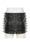 Black Sexy Solid Color Rivets Patchwork Straight Low Waist Straight Patchwork Bottoms