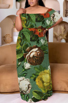 Dark Green Off Shoulder Drop Sleeve Floor Length Plus Size Summer Beach Vacation Floral Maxi Dress