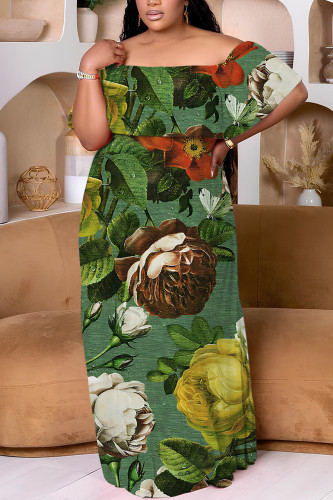 Dark Green Off Shoulder Drop Sleeve Floor Length Plus Size Summer Beach Vacation Floral Maxi Dress