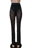 Black Casual Solid Color See-Through Beading Regular High Waist Conventional Patchwork Trousers