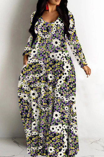 Colour Deep V Neck Long Sleeve A Line Vacation Beach Party Bohemian Floral Flowing Maxi Dress
