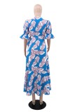 Blue Casual Print Irregular Hem V Neck Irregular Dresses