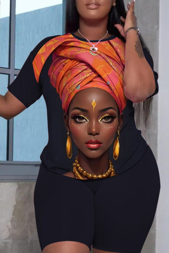 Black Bold Ethnic Face Print Two Piece Set Plus Size Casual Short Sleeve Graphic T Shirt and Shorts for Lounge Streetwear