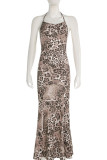 Leopard Print Elegant Leopard Print Patchwork Backless Strap Design Halter Long Dresses