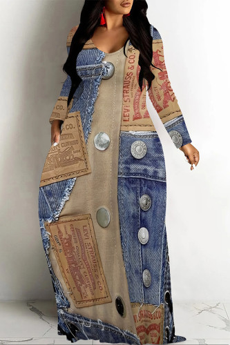 Multicolor Casual Street Faux Denim Print Pocket Contrast V Neck Printed Dresses