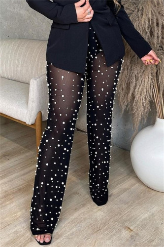 Black Casual Solid Color See-Through Beading Regular High Waist Conventional Patchwork Trousers