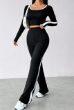 Black Casual Patchwork Contrast U Neck Long Sleeve Two Pieces