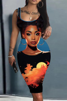 Blue Black Casual Figure Print Basic U Neck Vest Dresses