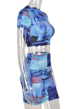 Blue Sexy Print Patchwork O Neck Short Sleeve Two Pieces