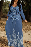 Baby Blue Casual Street Faux Denim Print Pocket Contrast V Neck Printed Dresses