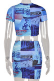 Blue Sexy Print Patchwork O Neck Short Sleeve Two Pieces