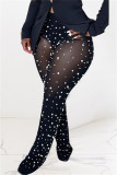 Black Casual Solid Color See-Through Beading Regular High Waist Conventional Patchwork Trousers
