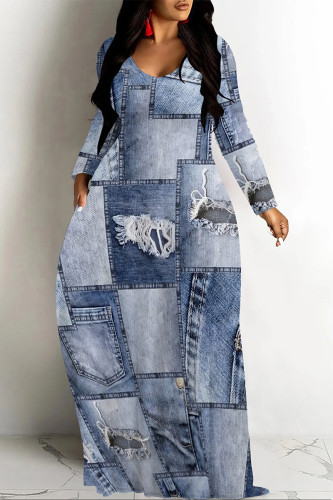 Baby Blue Casual Street Faux Denim Print Pocket Contrast V Neck Printed Dresses