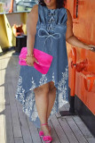 Blue Coffee Casual Street Faux Denim Print Irregular Contrast O Neck Irregular Plus Size Dresses