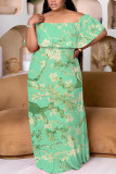 Ink Green Off Shoulder Drop Sleeve Floor Length Plus Size Summer Beach Vacation Floral Maxi Dress