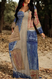 Baby Blue Casual Street Faux Denim Print Pocket Contrast V Neck Printed Dresses