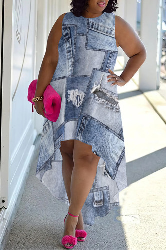 Baby Blue Casual Street Faux Denim Print Irregular Contrast O Neck Irregular Plus Size Dresses