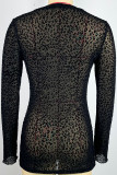 Black Sexy Leopard Print Patchwork O Neck Tops