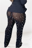 Black Casual Solid Color See-Through Beading Regular High Waist Conventional Patchwork Trousers