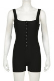 Black Sexy Solid Color Buckle Patchwork Square Neck Skinny Rompers
