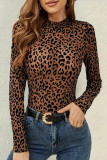 Black Sexy Leopard Print Patchwork O Neck Tops