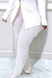 Black Casual Solid Color See-Through Beading Regular High Waist Conventional Patchwork Trousers