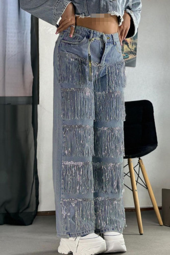 Blue Casual Fringed Trim Sequins Buttons Patchwork Zipper Mid Waist Loose Denim Jeans