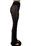 Black Casual Solid Color See-Through Beading Regular High Waist Conventional Patchwork Trousers