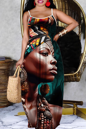 Brown Sleeveless Artistic Face Print Spaghetti Strap Loose Fit Summer Vacation Maxi Slip Dress