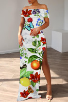 White Casual Floral Print Patchwork Slit Off Shoulder Long Dresses