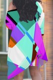 Apricot Geometric Print Cold Shoulder Asymmetrical T Shirt and Shorts Vibrant   Summer Casual Half Sleeve Plus Size Two Piece Short Set