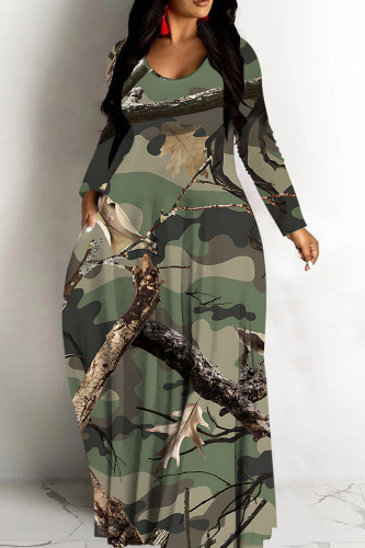 Camouflage Casual Print Basic V Neck Long Dresses