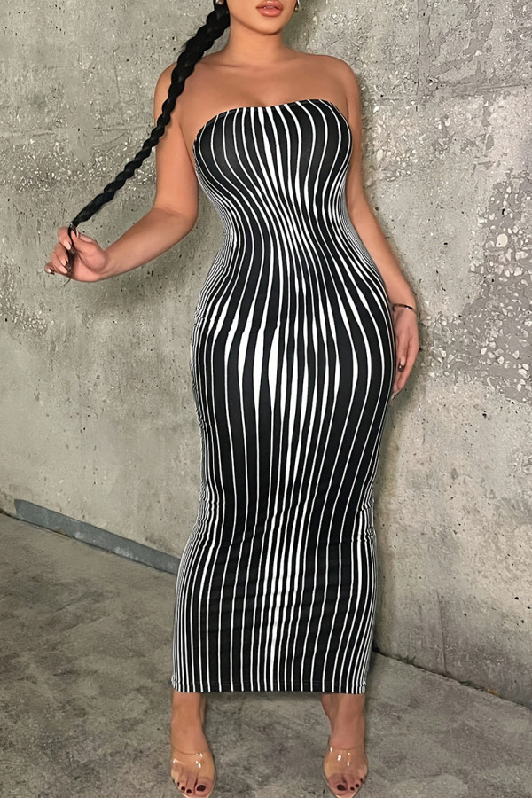 Black Sexy Stripe Patchwork Backless Strapless One Step Skirt Dresses