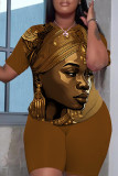 Camel Bold Artistic Face Print Graphic Tee and Shorts Casual Street Crew Neck Short Sleeve Relaxed Fit Plus Size Two Piece Short Set