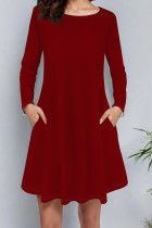 Burgundy Casual Print Pocket Patchwork O Neck A Line Dresses