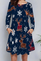Dark Blue Casual Print Pocket Patchwork O Neck A Line Dresses