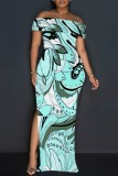 Deep Pink Casual Floral Print Patchwork Slit Off Shoulder Long Dresses